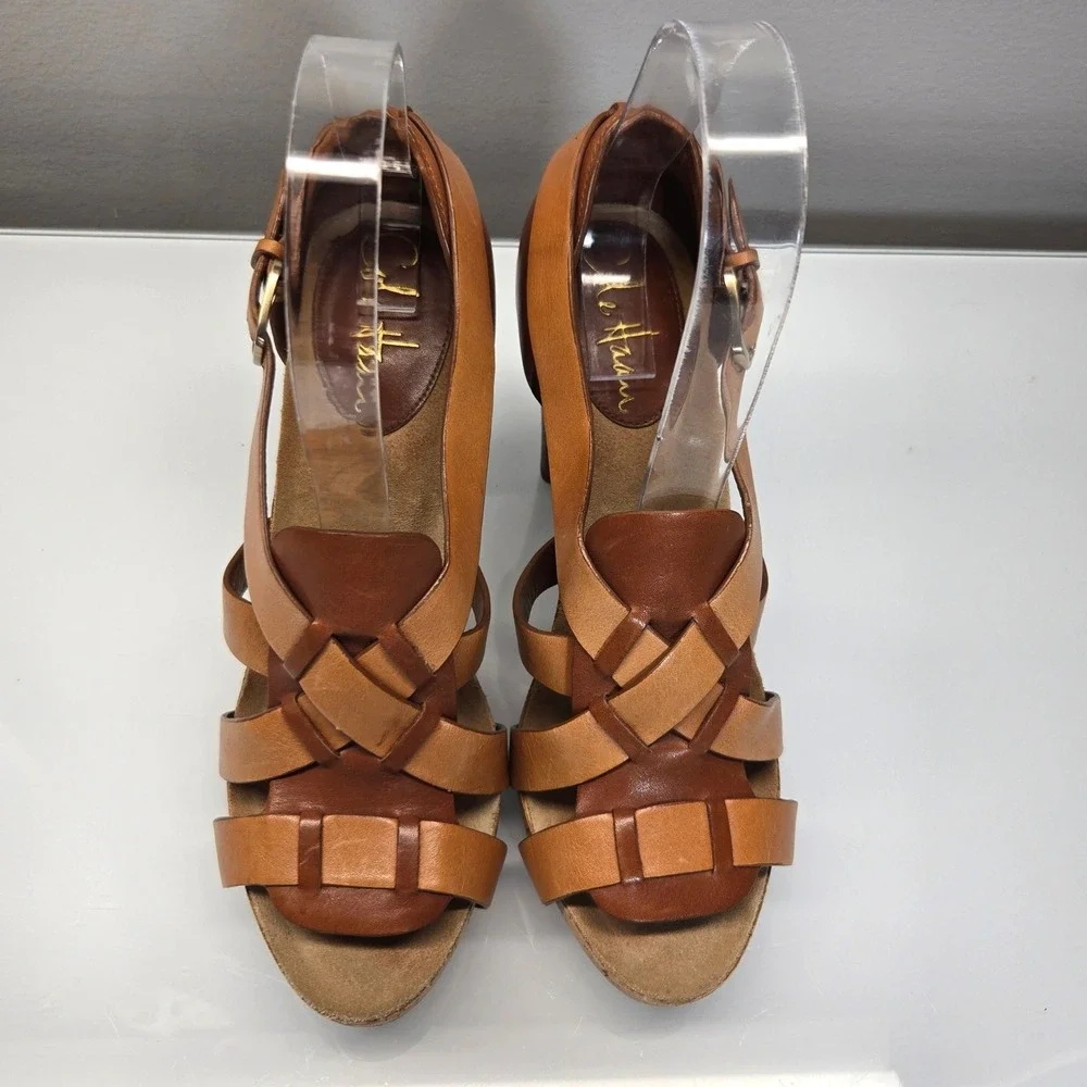 Vintage Y2K Cole Haan Leather Sandals 6B Brown Cork Chunky Platform Heel Strappy